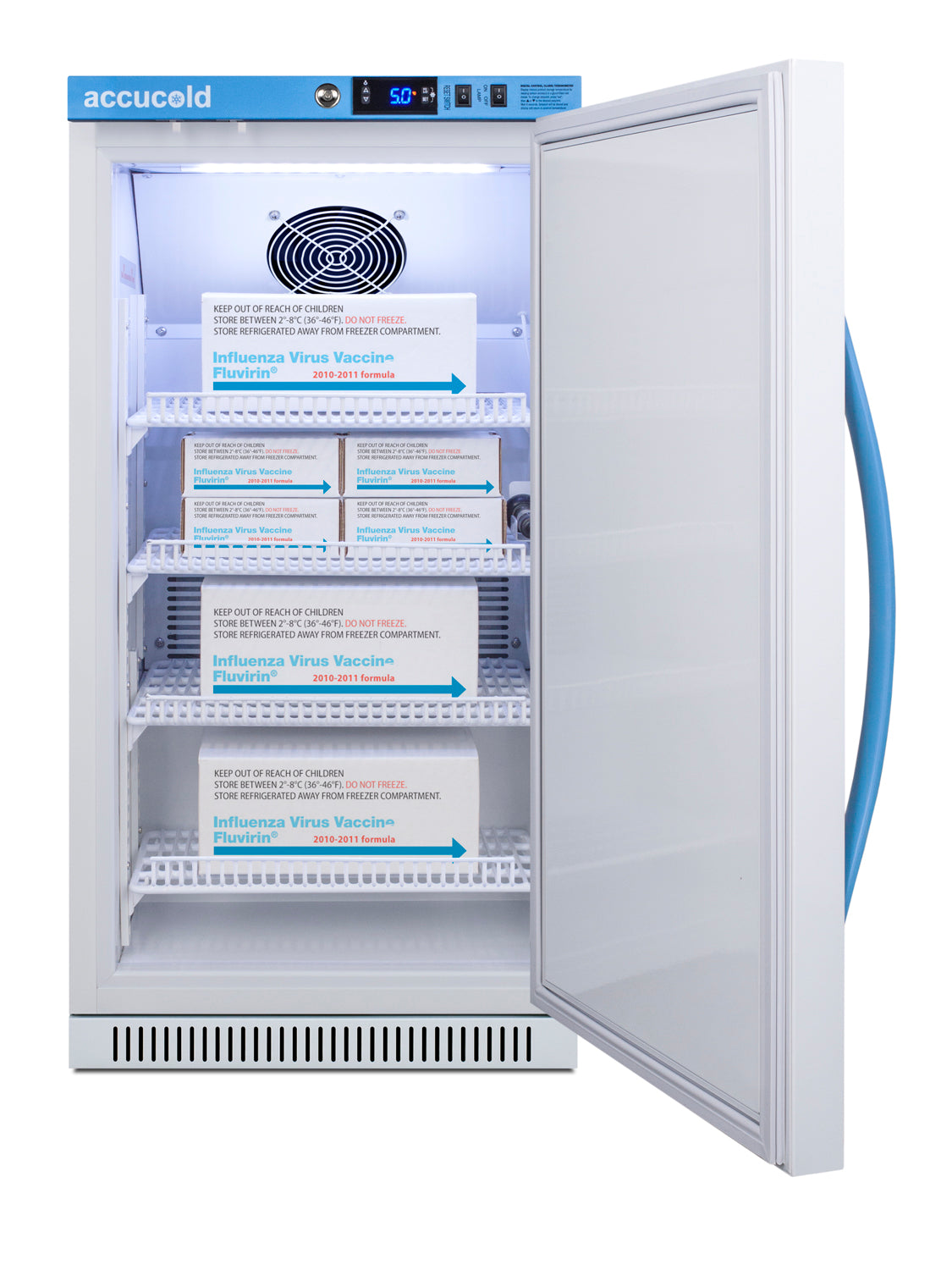 Upright white vaccine refrigerator with digital temperature display and labeled shelves storing flu vaccine boxes