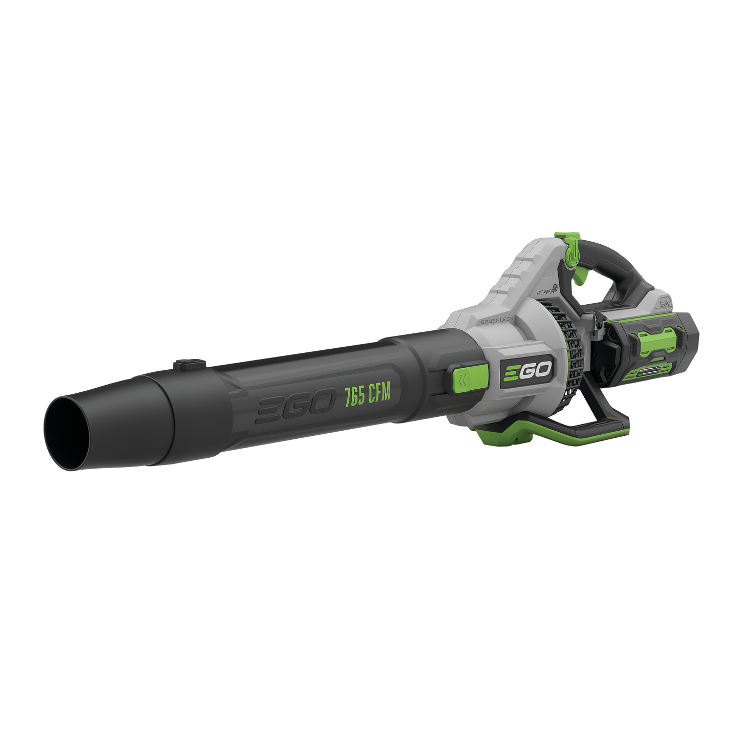 Cordless black and gray leaf blower with green accents and adjustable speed dial from EGO outdoor power tools collection
