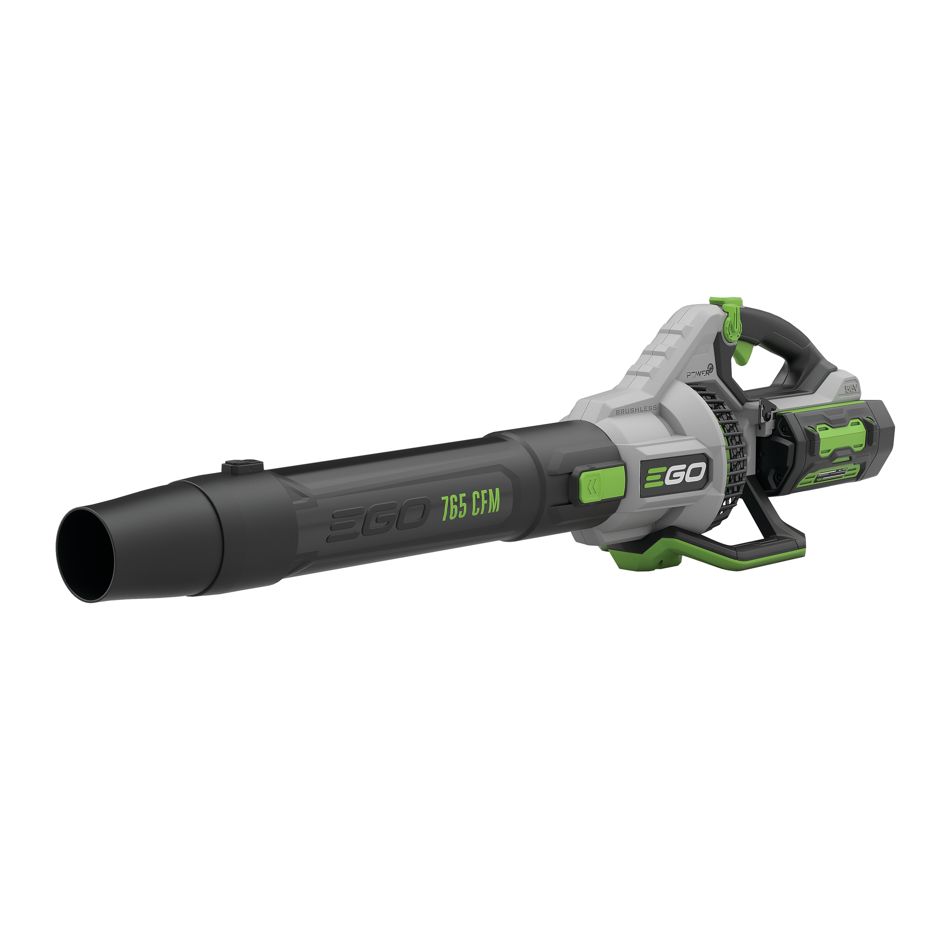 Cordless black and gray leaf blower with green accents and adjustable speed dial from EGO outdoor power tools collection