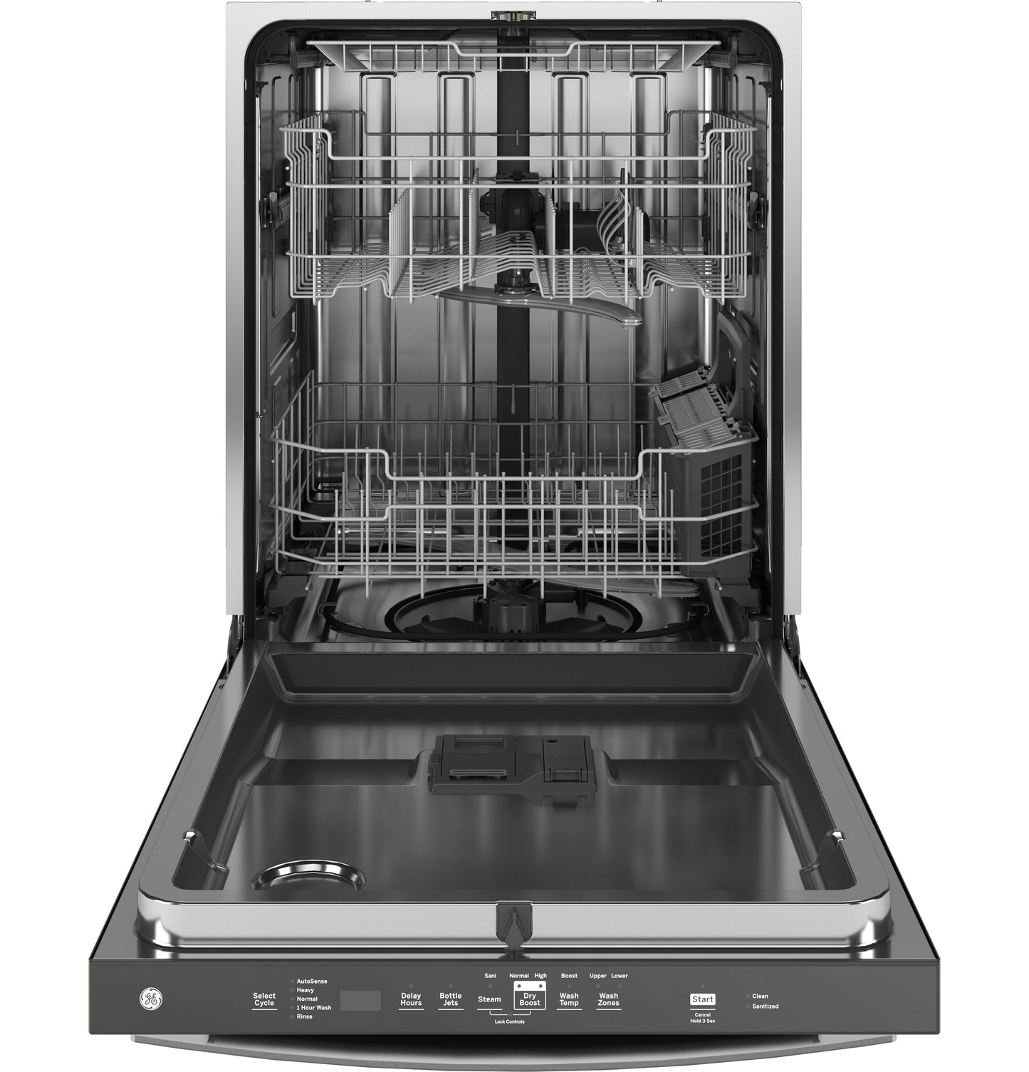 Open fingerprint resistant built-in dishwasher with stainless steel interior and top control panel in Appliances collection
