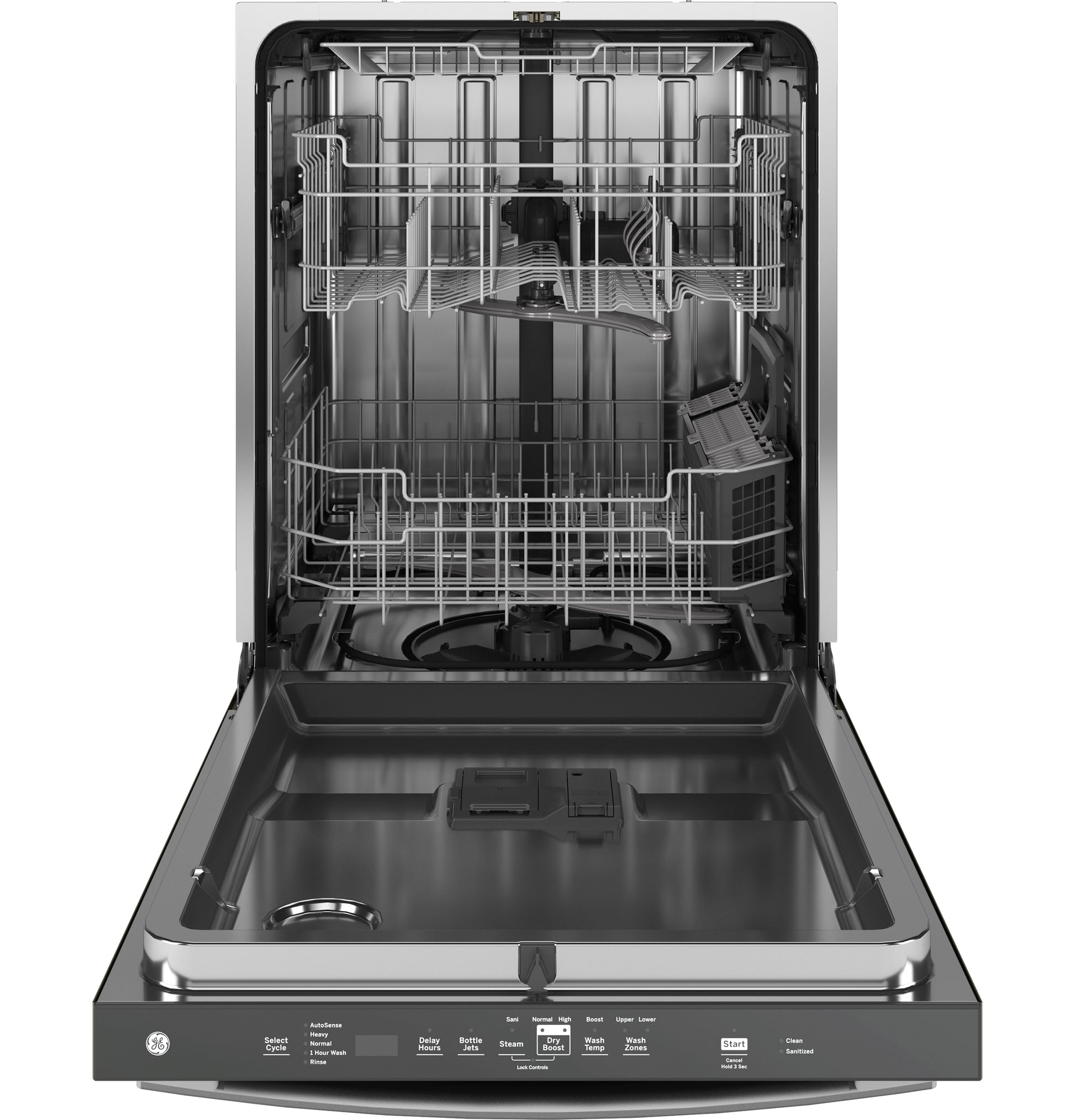 Open fingerprint resistant built-in dishwasher with stainless steel interior and top control panel in Appliances collection