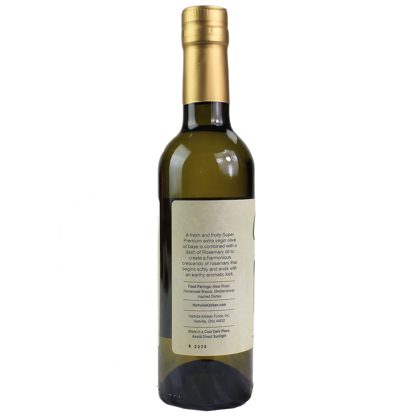 Back view of Hartville Cucina rosemary olive oil bottle showing detailed product information and usage instructions