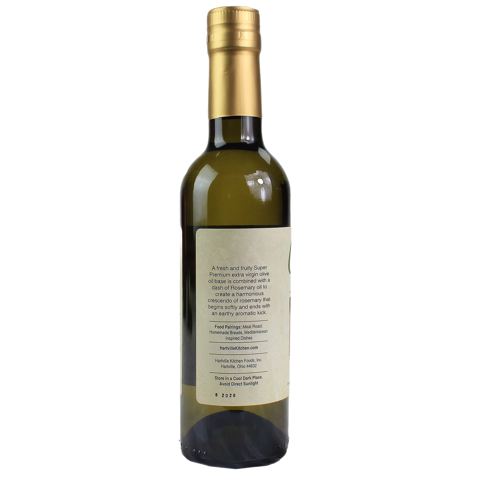 Back view of Hartville Cucina rosemary olive oil bottle showing detailed product information and usage instructions