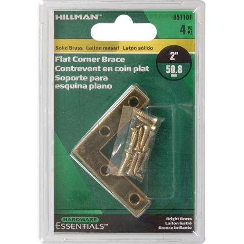 Hillman bright brass flat corner brace with screws for woodworking reinforcement in hardware and shelving accessories collections