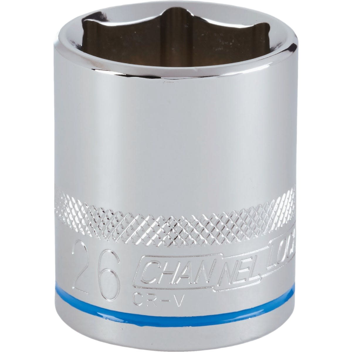 Shiny chrome 26mm 6-point shallow socket with textured grip band for hand tools and woodworking under $50 collection