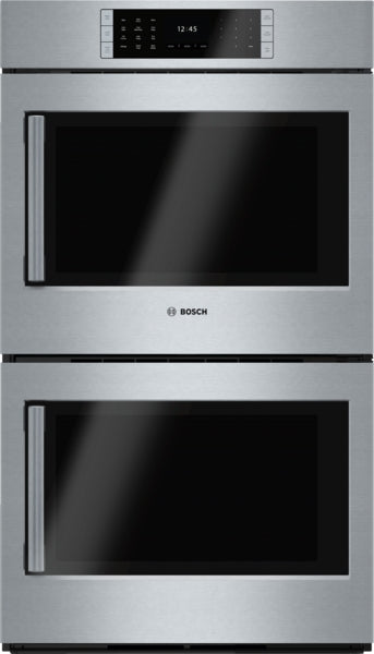 Stainless steel double wall oven with digital TFT touch controls and SteelTouch™ buttons in Bosch kitchen appliances collection