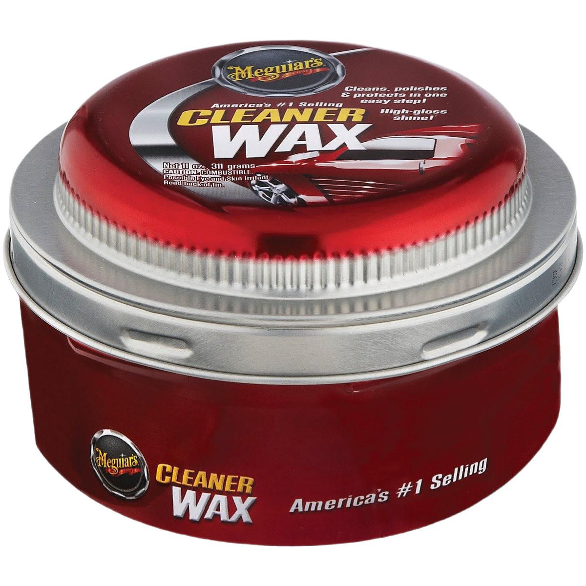 Red metal tin of Meguiars Cleaner Wax for vehicle paint protection in automotive cleaning supplies collection