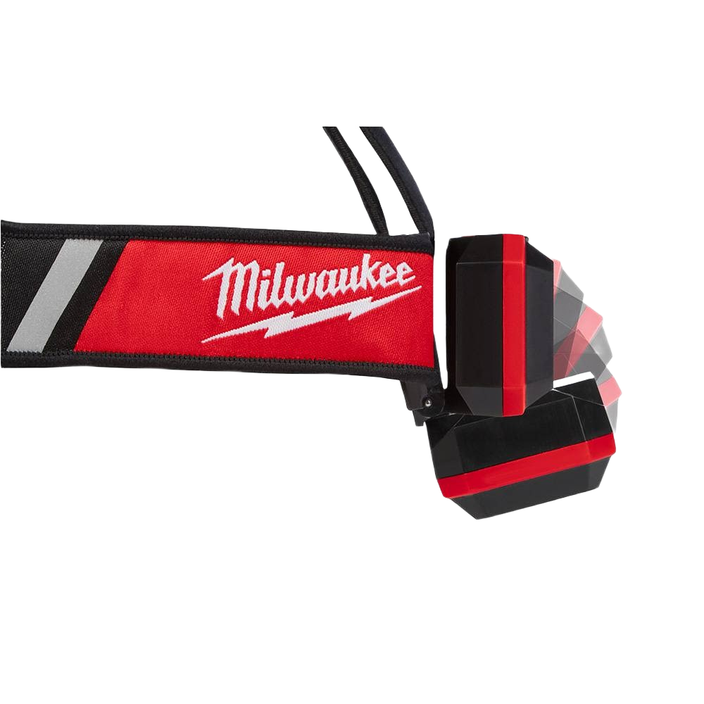 Adjustable red and black low-profile headlamp with branded strap for hands-free use in tools and home improvement tasks