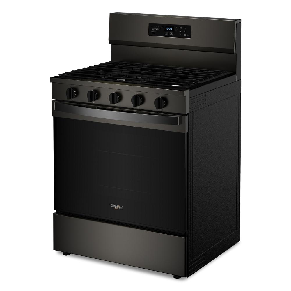 Angled view of black 30-inch gas range with five burners and digital control panel in Appliances and Ranges collections