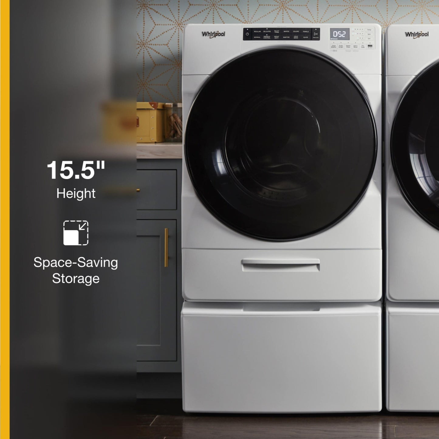 Front load washer elevated on a white pedestal with built-in storage in modern laundry room setting from Appliance Parts & Accessories