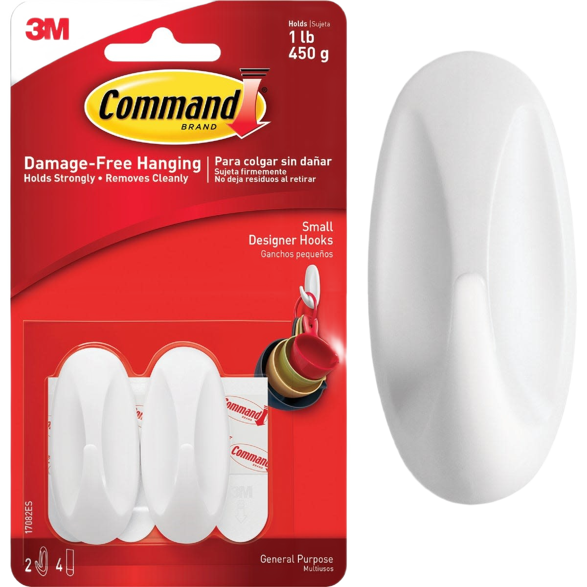 Set of two white small adhesive hooks by 3M Command for damage-free hanging in home improvement tasks