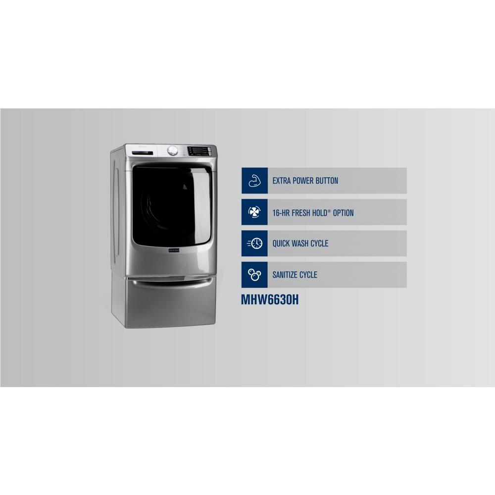 Stainless steel front load washer featuring extra power, 16-hour Fresh Hold, quick wash, and sanitize cycles in appliances collection