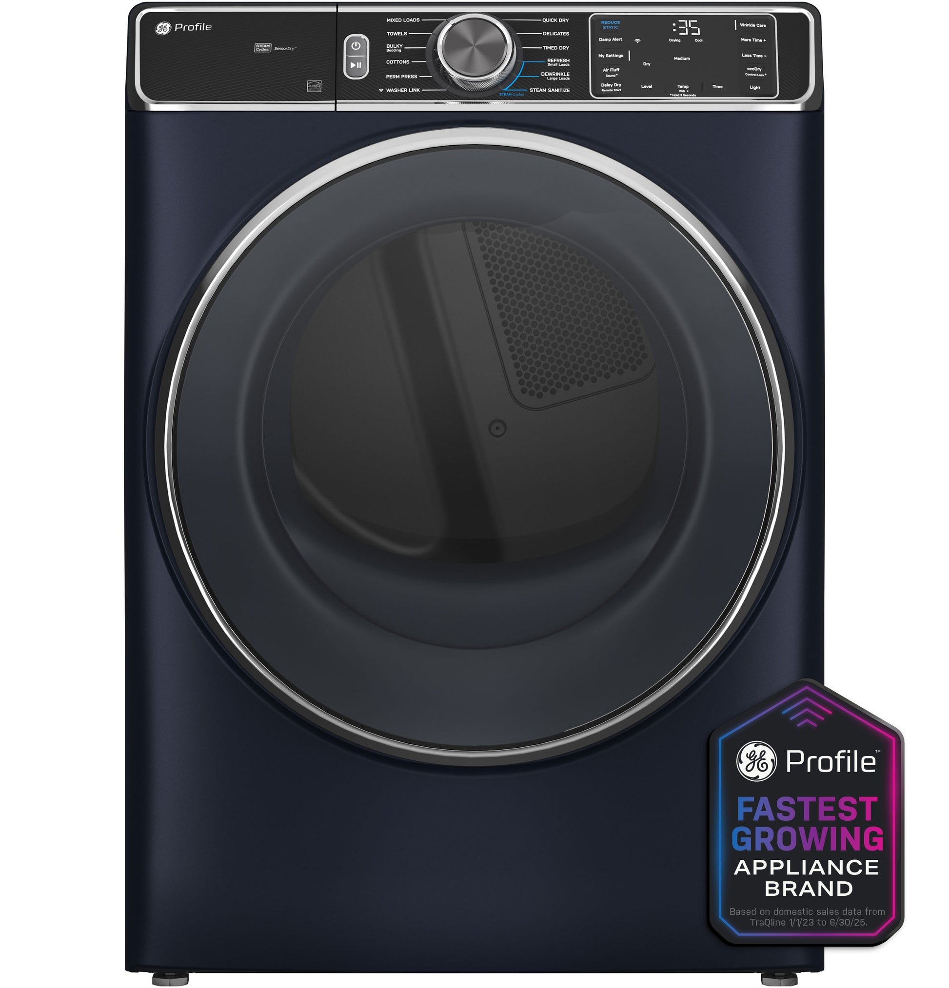 Dark blue front-load gas dryer with digital control panel and large round window in dryers and appliances collection
