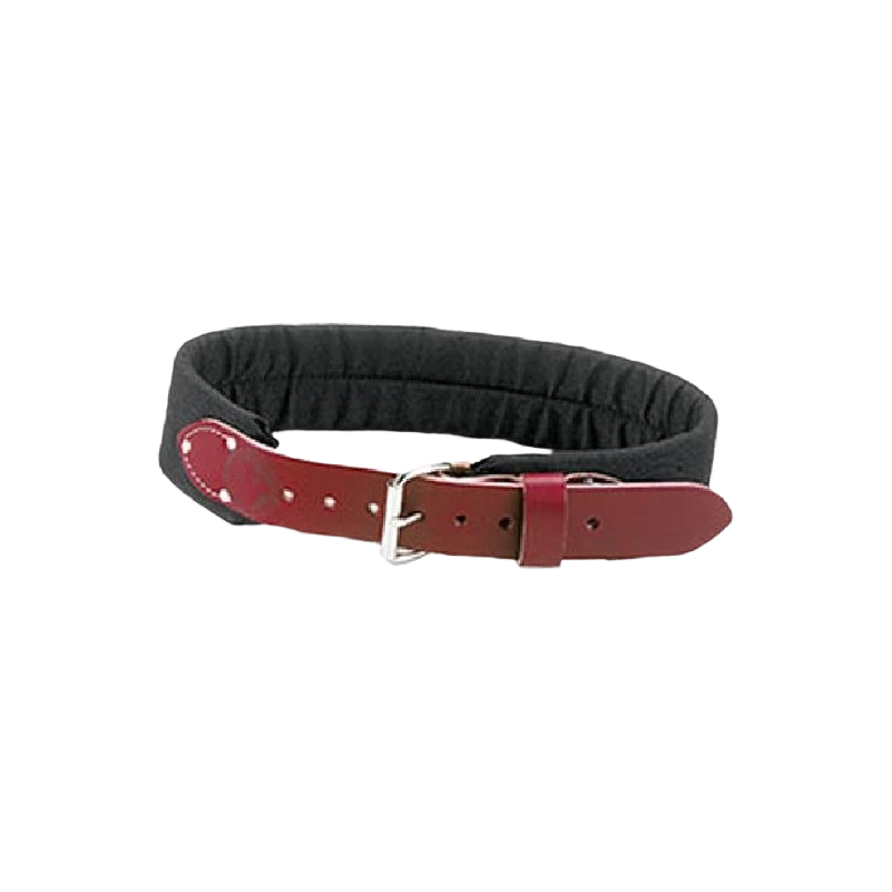 Padded black nylon work belt with adjustable brown leather strap designed for tool storage and woodworking tasks