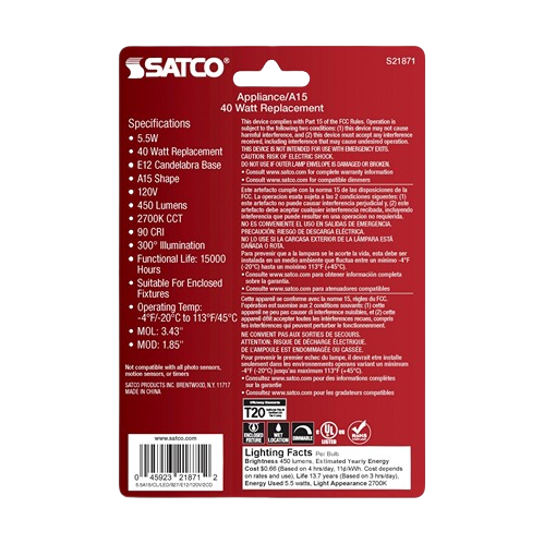 Satco 5.5W clear A15 LED bulb with warm white light, candelabra base, energy-saving for home lighting and electrical use.