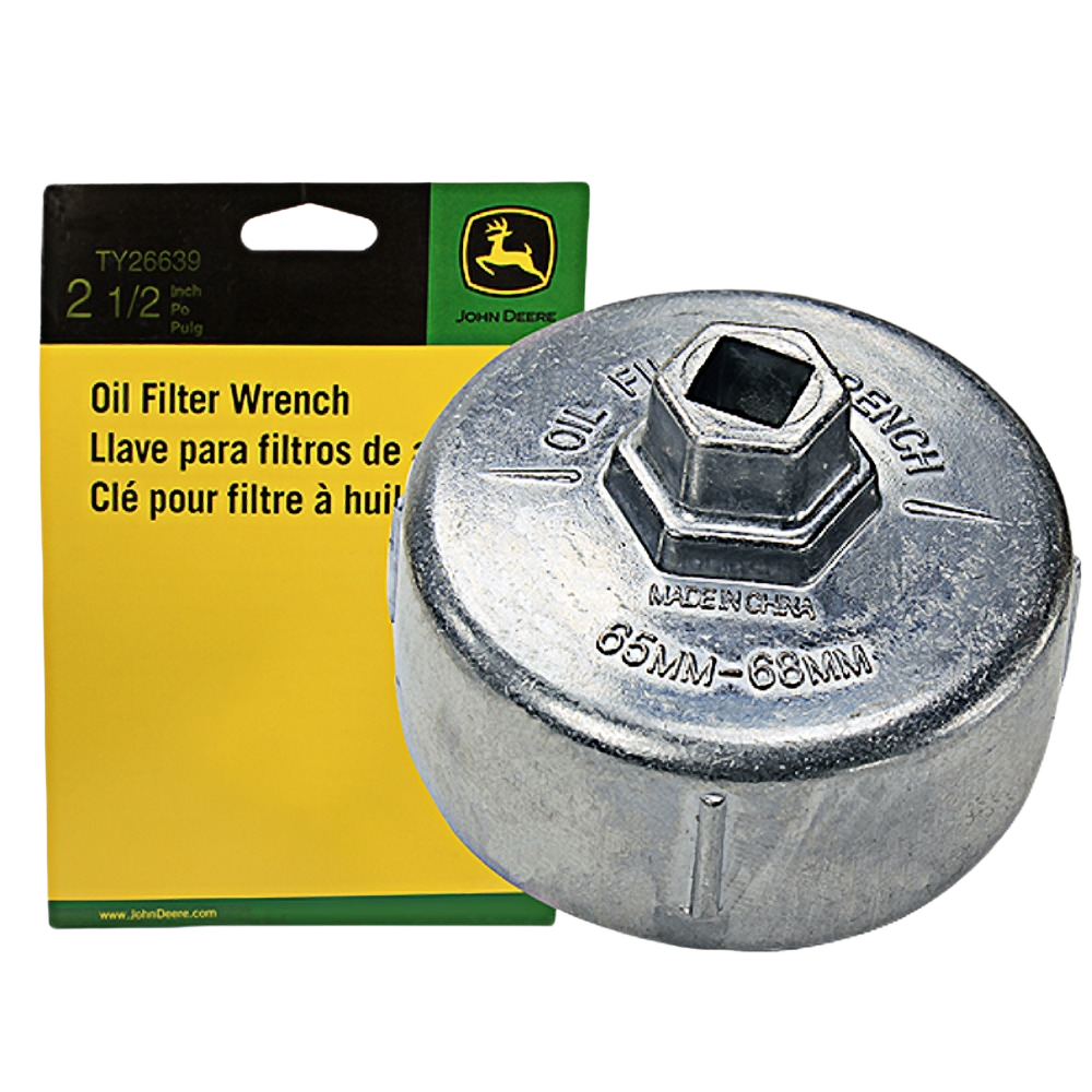 Metal oil filter wrench tool sized 65-68mm with yellow John Deere packaging in parts and lubricants collection under $50
