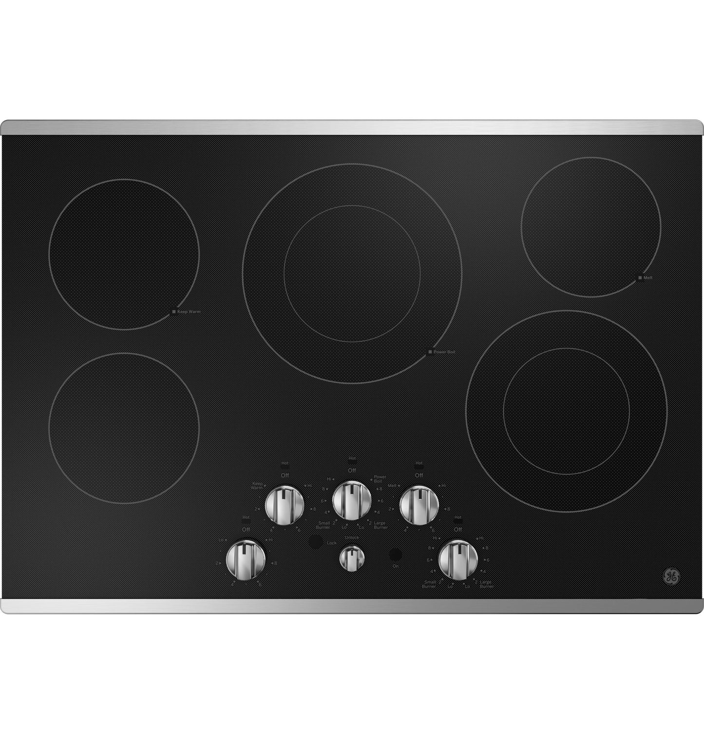 Black electric cooktop with five burners and front knob controls from Cooktops and Appliances collections