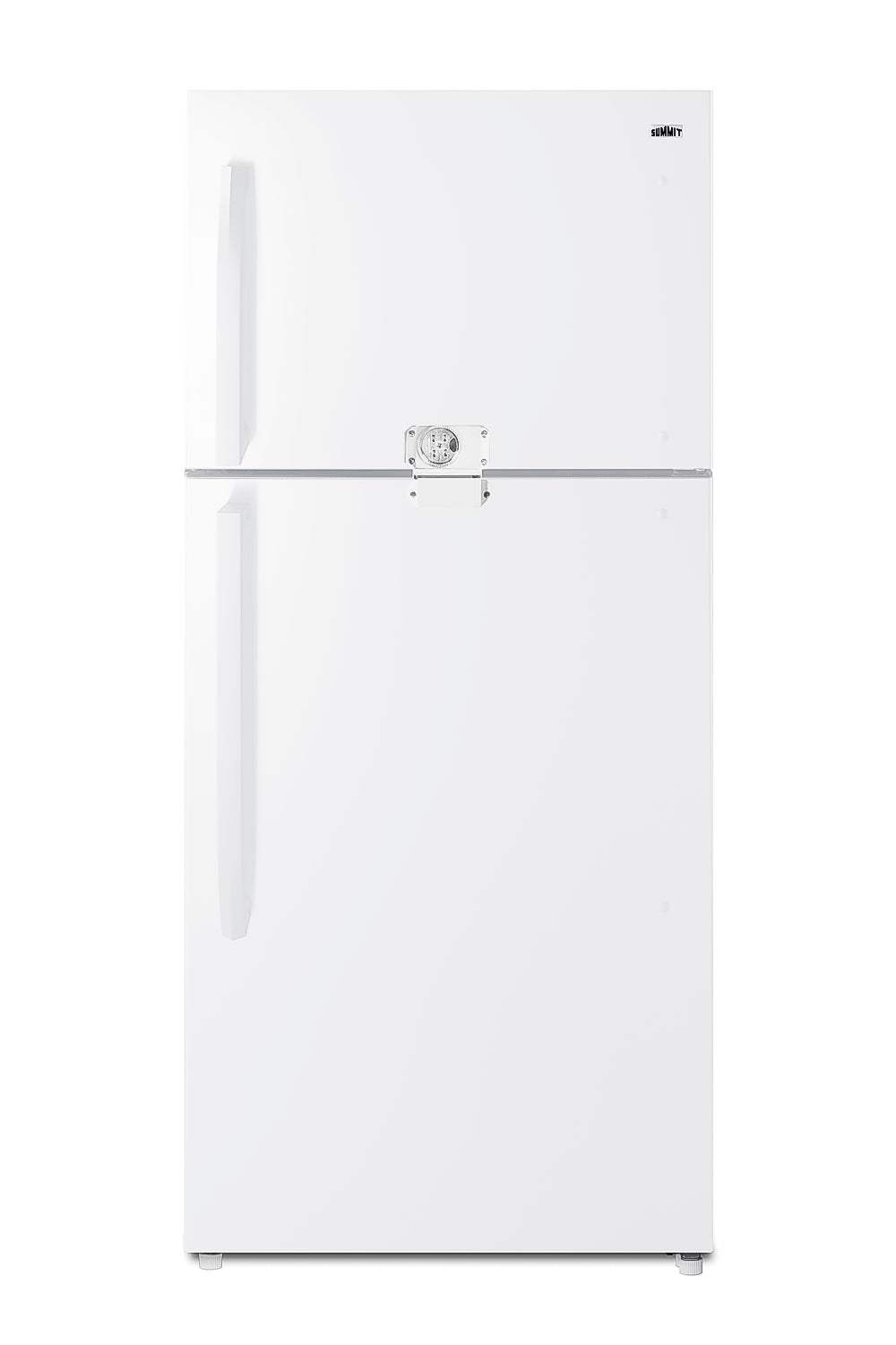 White top freezer refrigerator with dual doors and minimalist design for kitchen and appliance collections