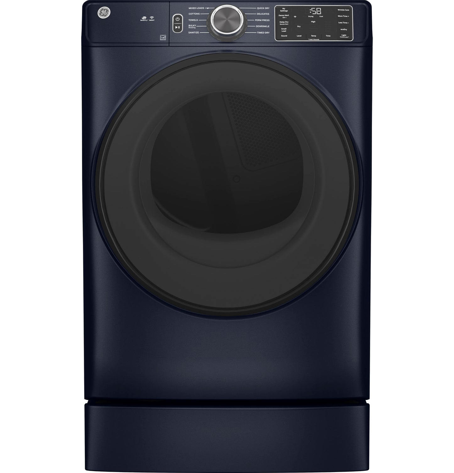 Dark blue front load gas dryer with digital controls and large door from Dryers and Appliances collections