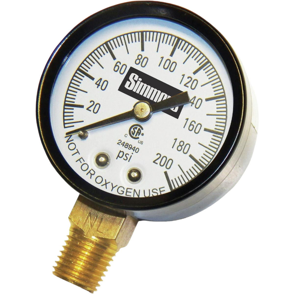 Round pressure gauge with 1/4 inch threaded brass fitting measuring up to 200 PSI for home improvement tools