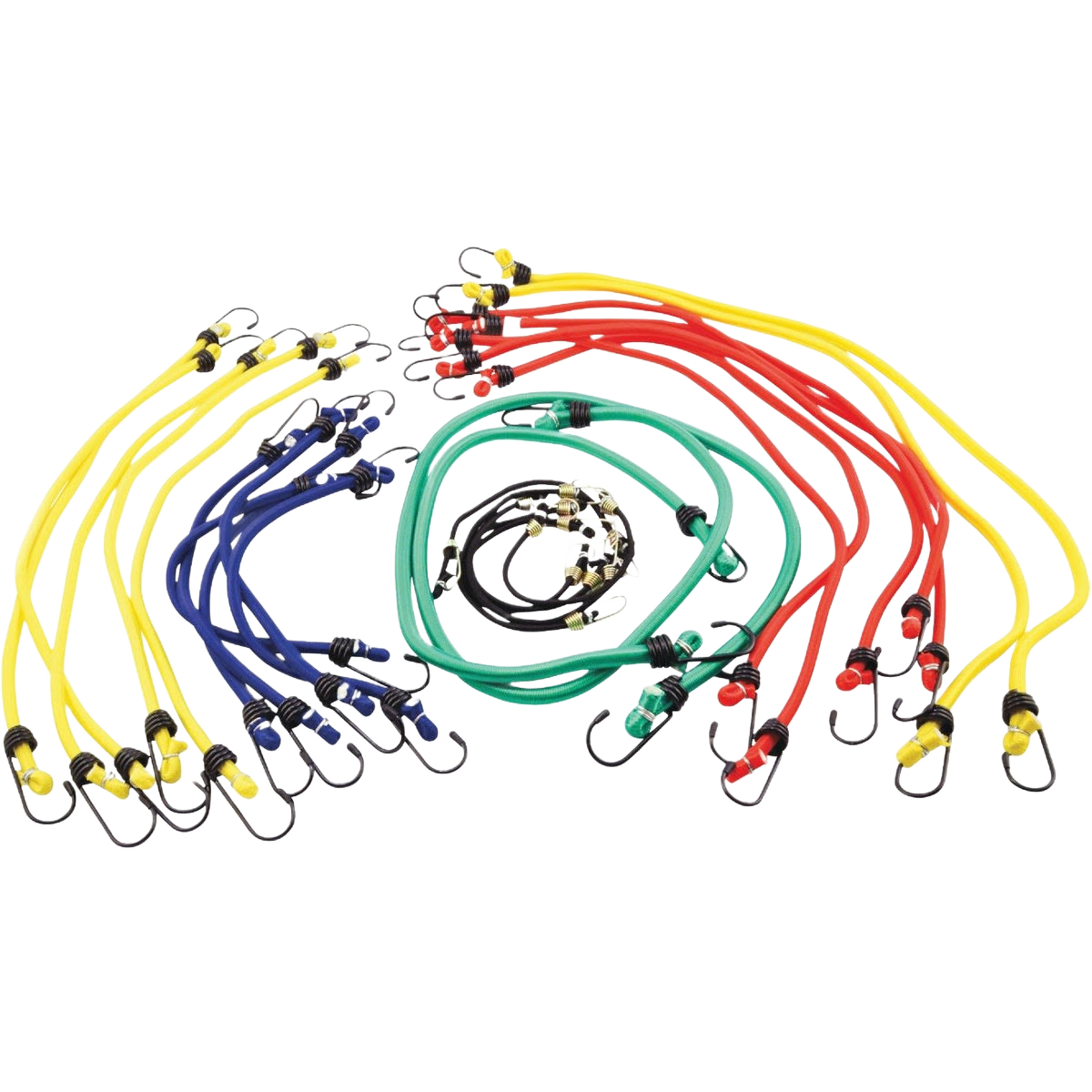Assorted colorful bungee cords with metal hooks, ideal for tools and home improvement projects organization
