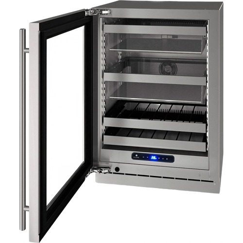 Stainless steel 24-inch beverage center with left-hinged door, glass front, adjustable shelves, and digital control panel