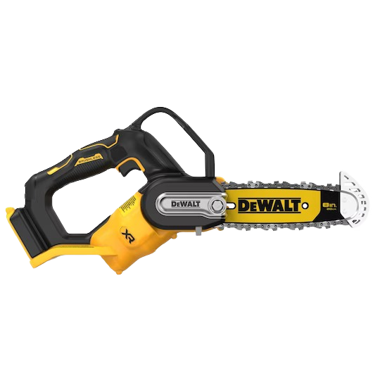 Yellow and black 8-inch cordless brushless pruning chainsaw designed for efficient home improvement and tool use