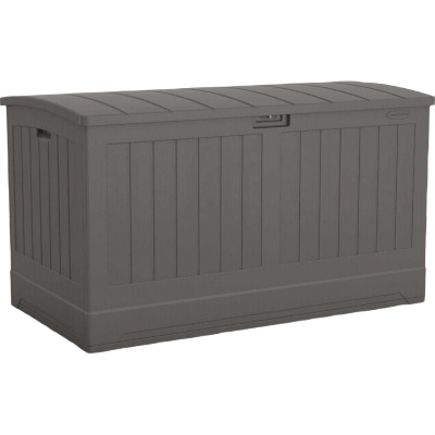 Large resin outdoor storage box in stone finish for lawn and garden patio furniture and outdoor living spaces