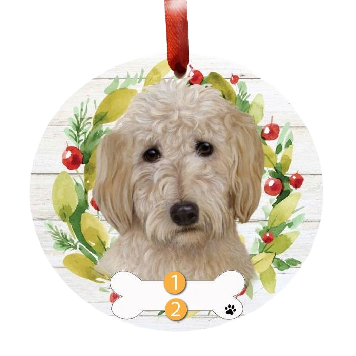 Round Christmas ornament featuring a Soft Coated Goldendoodle illustration with festive wreath and red hanging ribbon