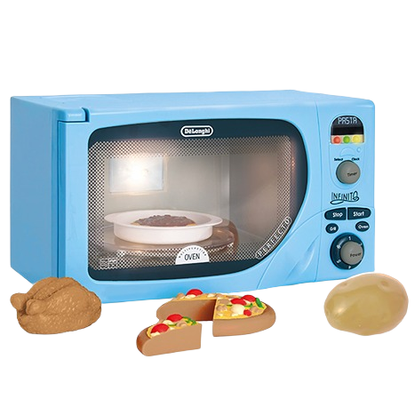Blue toy microwave with light and sound features, accompanied by pretend food pieces for creative play under $50 collections