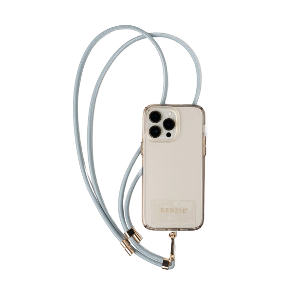Clear smartphone case with light blue vegan leather lanyard featuring goldtone hardware, part of accessories under $50 collection
