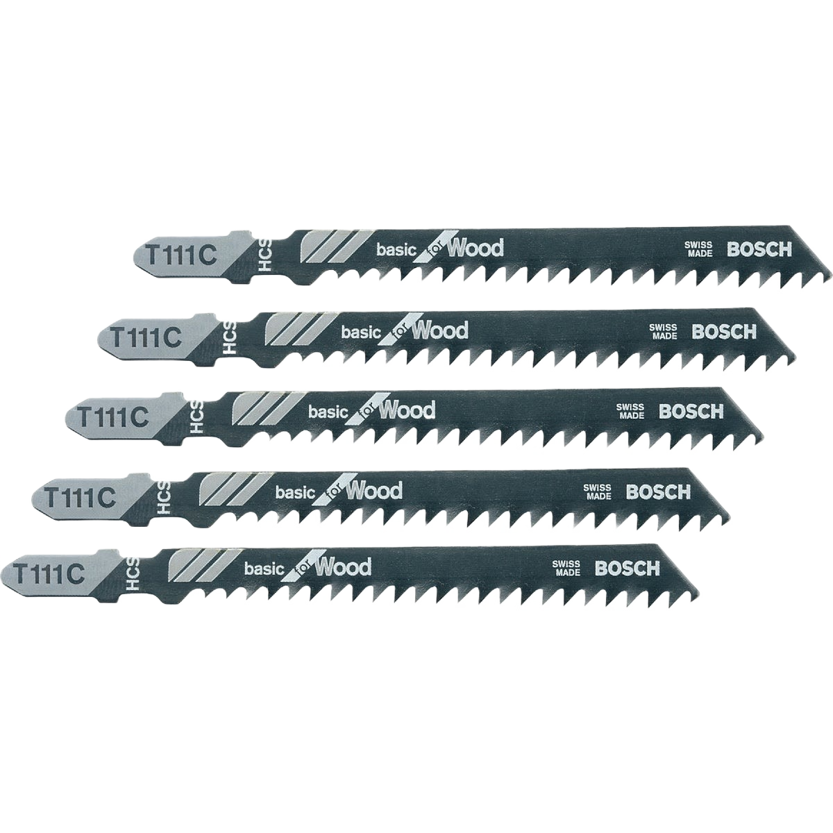 Set of five Bosch 4-inch 8 TPI wood cutting T-shank blades for woodworking tool accessories under $50