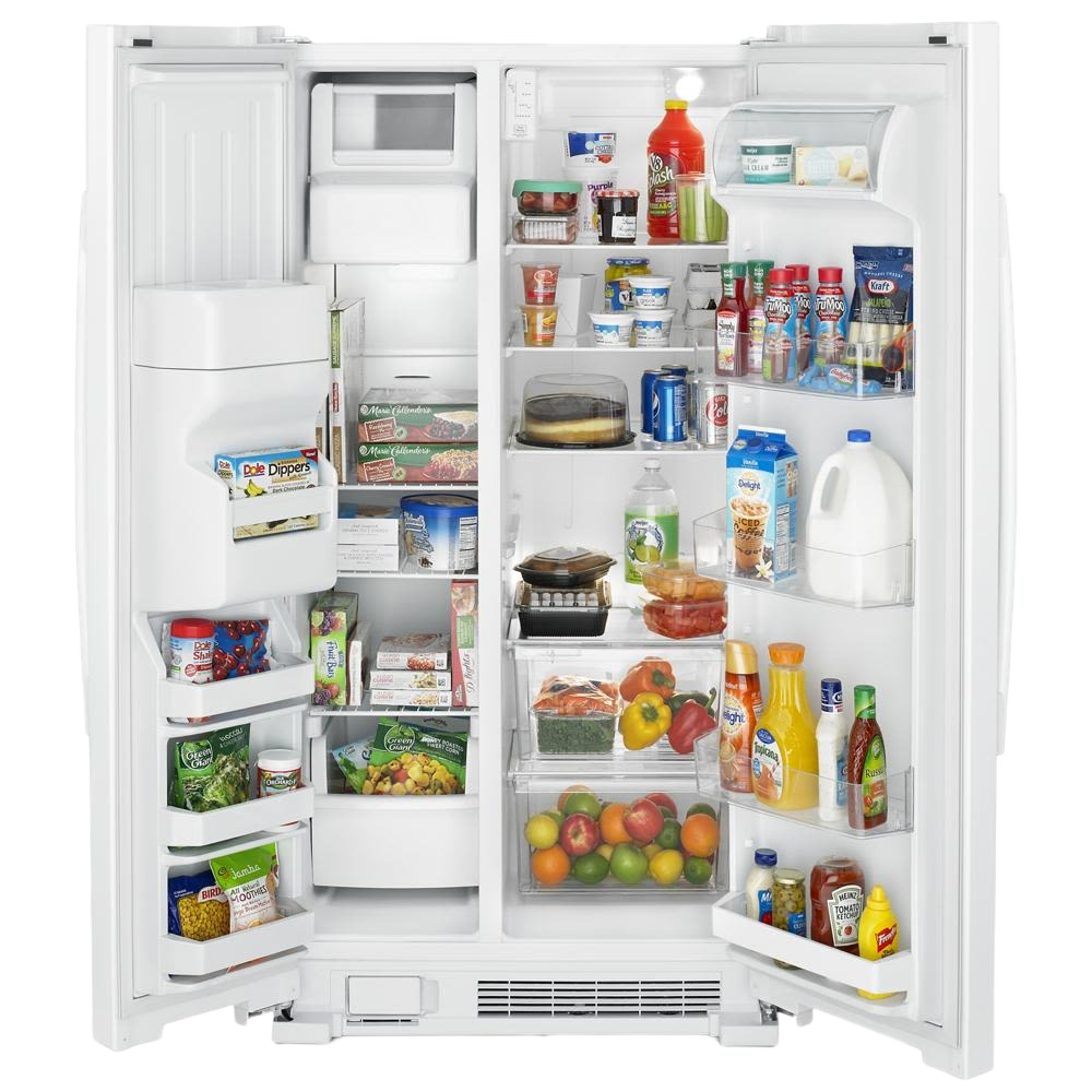 Open white 33-inch side-by-side refrigerator stocked with food and beverages in Refrigerators and Kitchen collections