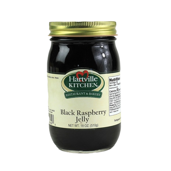 Glass jar of Hartville Kitchen black raspberry jelly in the Jams & Jellies under $50 food category