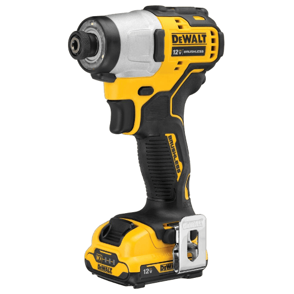 Yellow and black 12V brushless impact driver with ergonomic grip and metal belt hook for tools and home improvement tasks