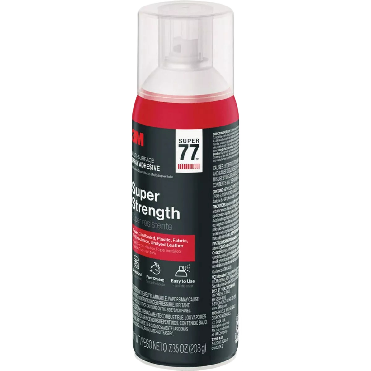 Red and black multi-surface spray adhesive can with protective clear cap for tools and home improvement tasks