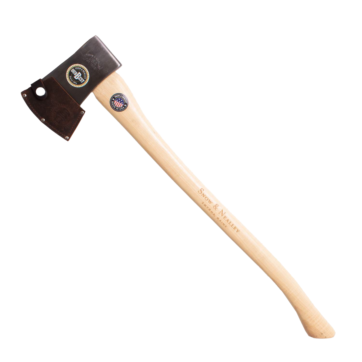 Single bit axe with smooth wooden handle and leather sheath, designed for lawn and garden, striking, and outdoor hand tools under $100 collections