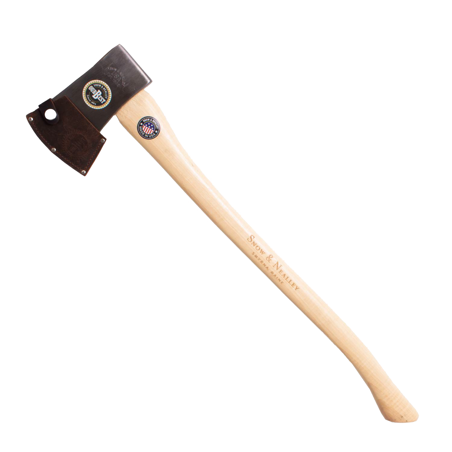 Single bit axe with smooth wooden handle and leather sheath, designed for lawn and garden, striking, and outdoor hand tools under $100 collections