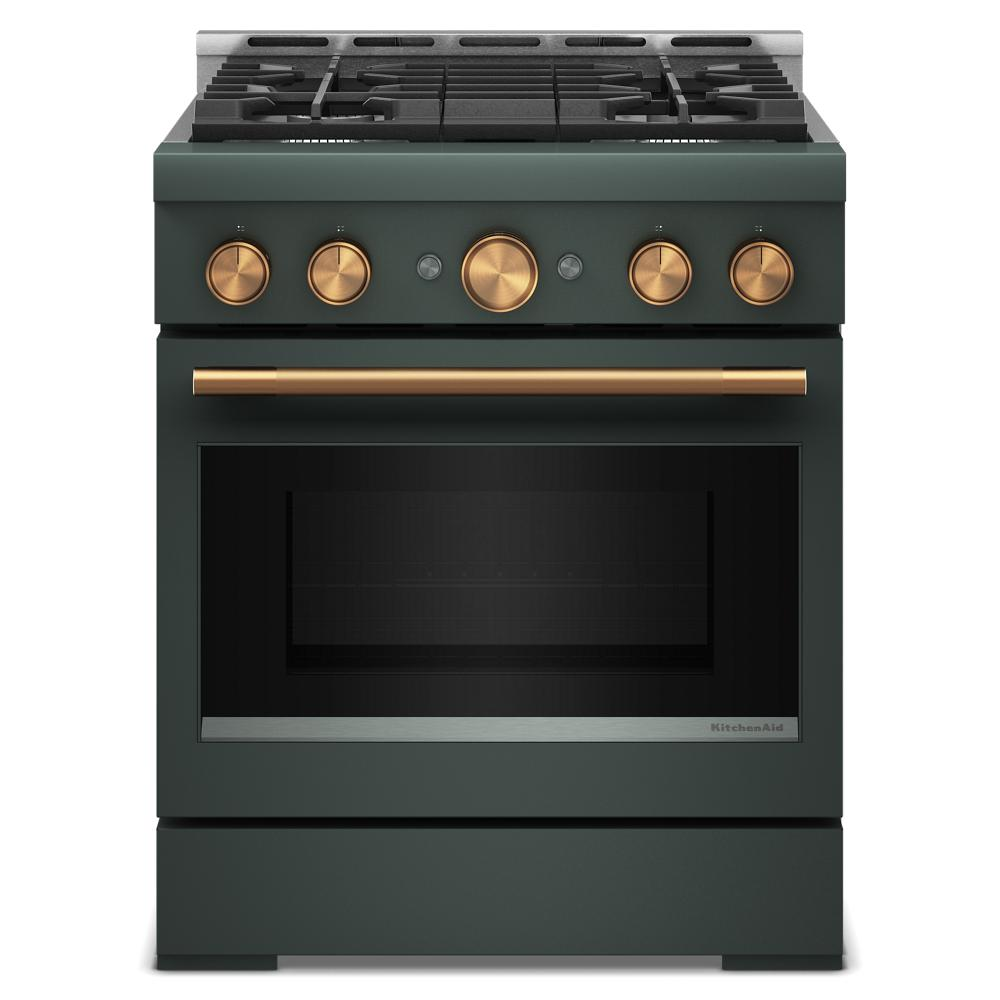 Front view of a green 30-inch commercial-style gas range with four burners and bronze control knobs and handle