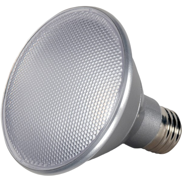 Silver LED PAR30 bulb with textured lens and standard screw base for home improvement lighting projects
