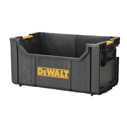 Black DEWALT storage tote with yellow accents for tool organization in workshop and jobsite storage collections