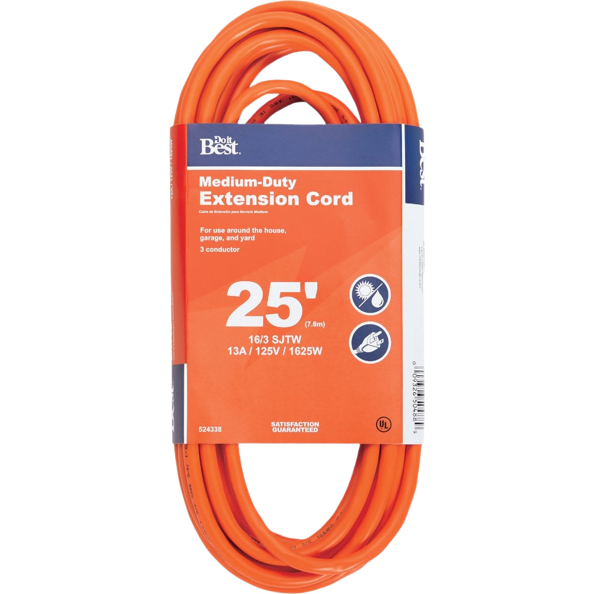 Bright orange 25 ft medium-duty extension cord designed for outdoor and home improvement tool use