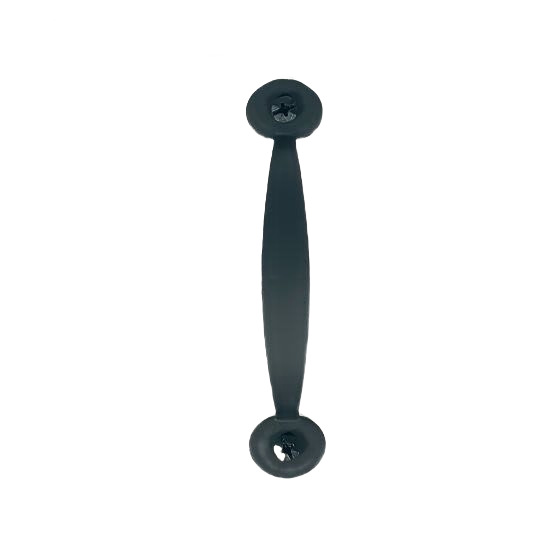 Black iron bean-shaped cabinet pull with smooth finish and screw holes for hardware and home improvement projects