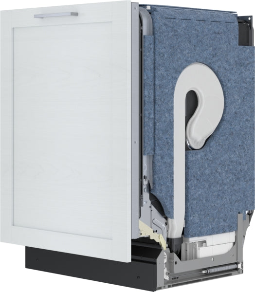 Partially assembled 24-inch dishwasher with white wood panel door and visible internal insulation and piping from Bosch collection