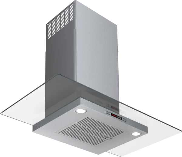 36-inch stainless steel wall hood with glass canopy, halogen lighting, and digital controls for kitchen ventilation