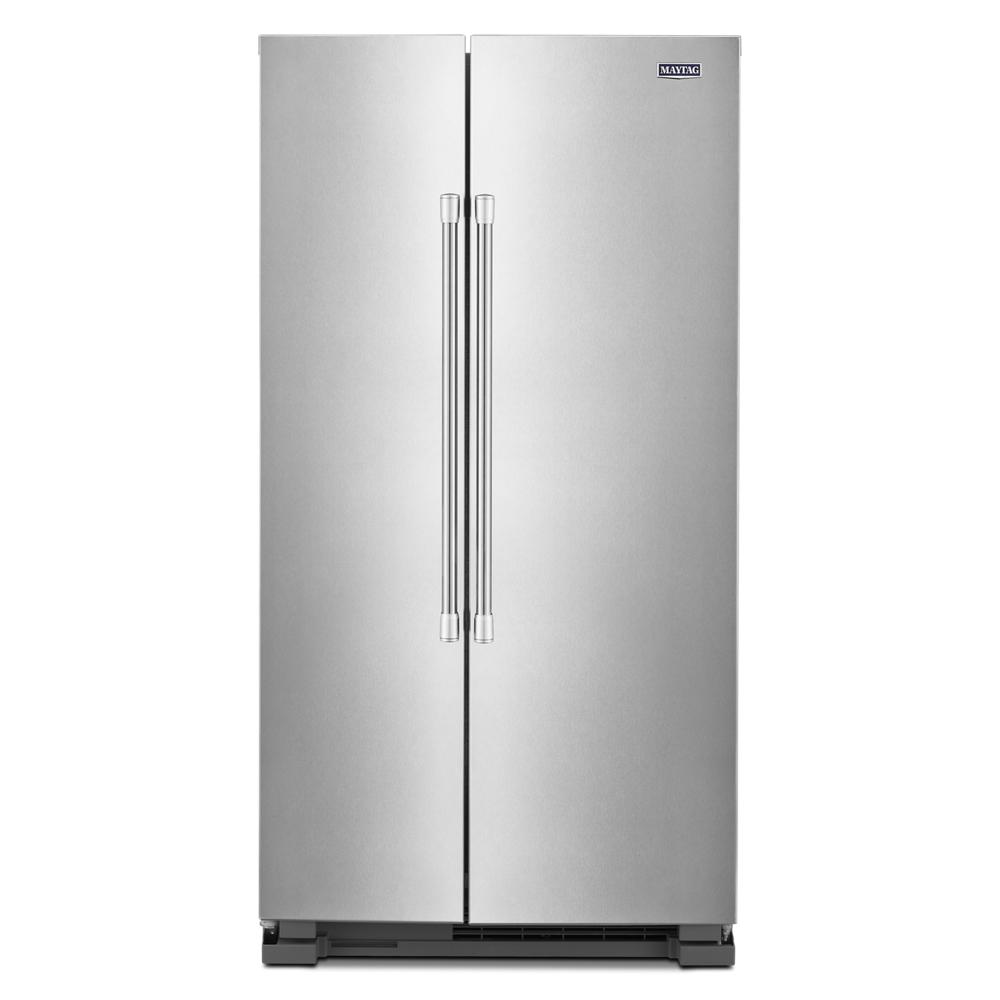 36-inch wide side-by-side refrigerator with stainless steel finish and vertical handles from Appliances collection
