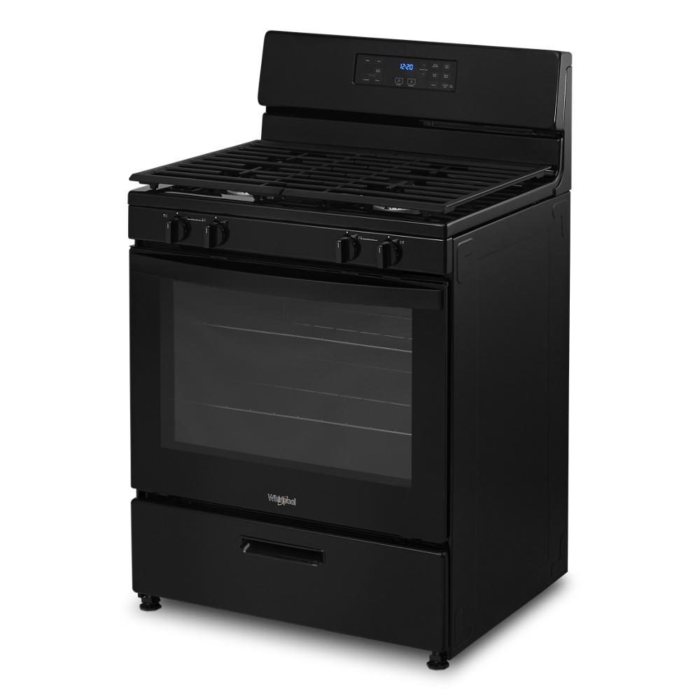 black freestanding gas range with broiler drawer, control knobs, digital display, and windowed oven door for kitchen appliances