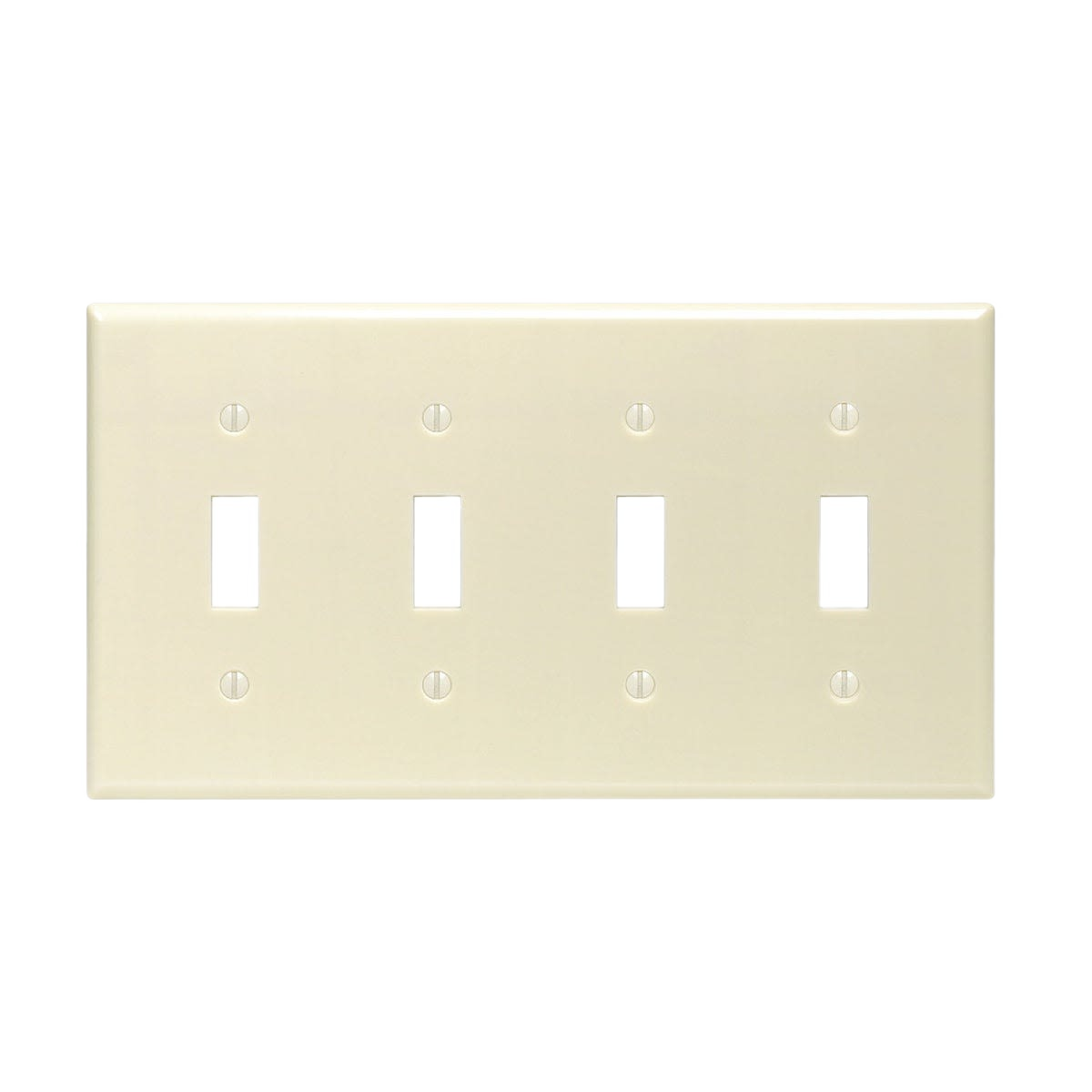Ivory plastic wall plate with four toggle switch openings made for tools and home improvement use