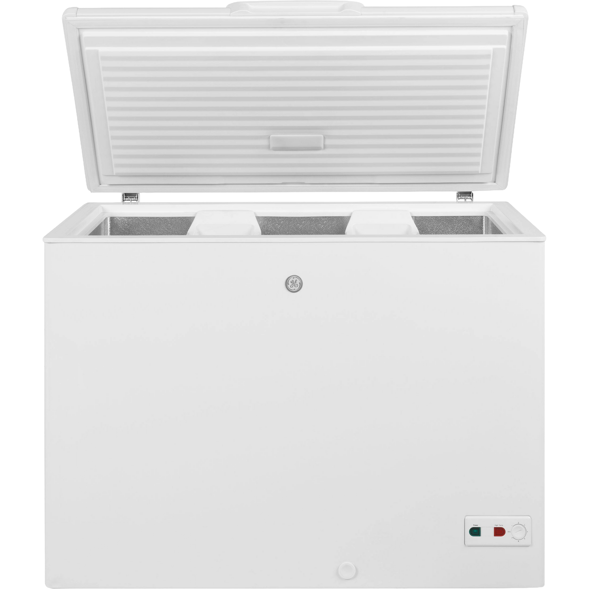 White manual defrost chest freezer with open lid and interior baskets in kitchen appliance setting