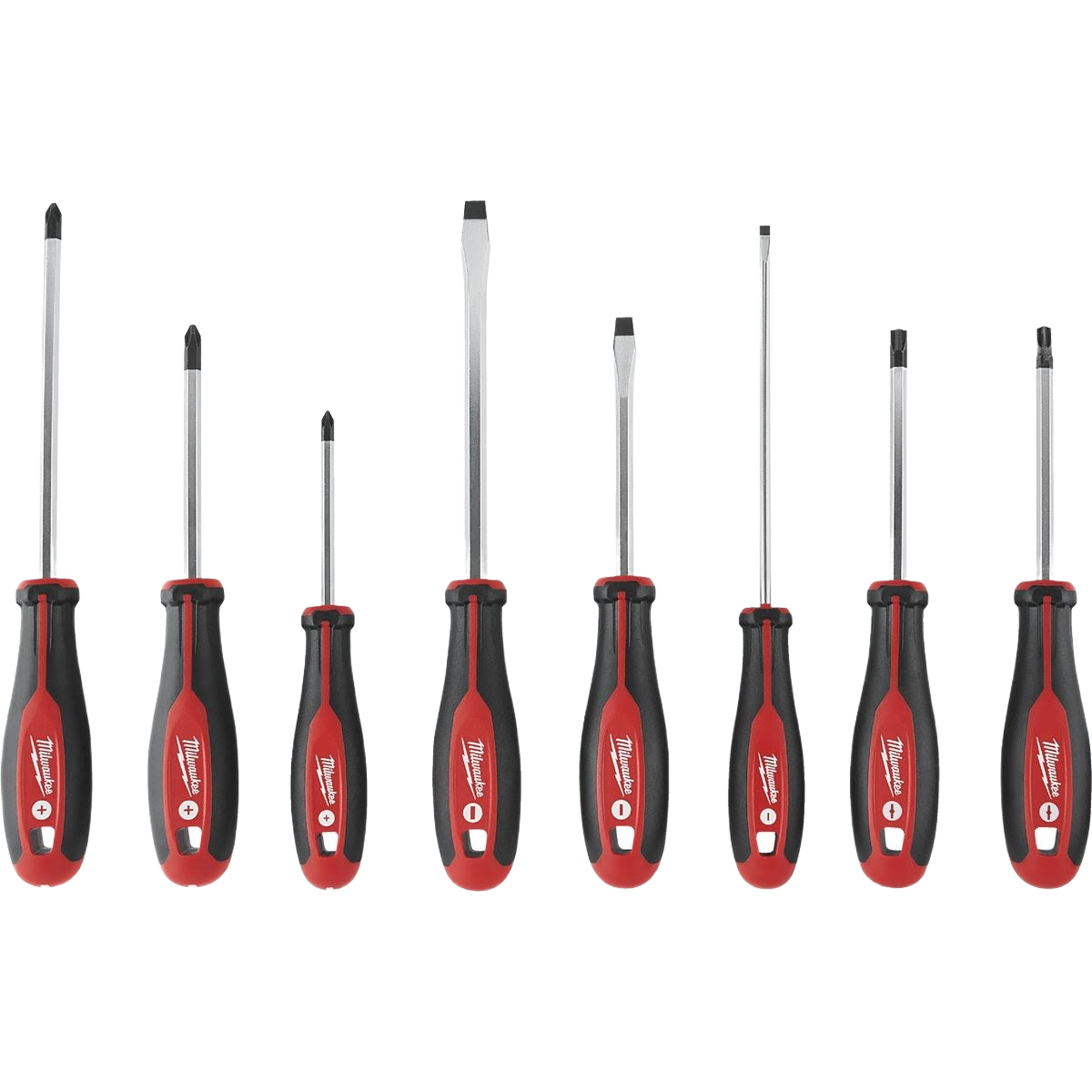 Set of eight Milwaukee screwdrivers with red and black ergonomic handles for tools and home improvement tasks